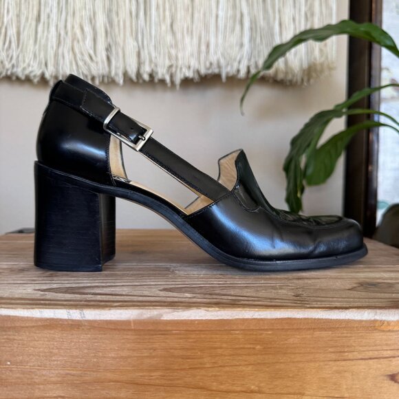 90s Vintage Nine West Jerry Square Toe Silver Buckle Block Block Heeled Loafer - Picture 7 of 16